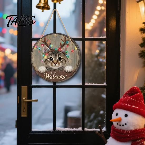 Rustic Farmhouse Ornament Wooden Christmas Welcome Sign, Animal Round Hanging Door Decor, Festive Wall Sign for Window Garden Holiday Decor