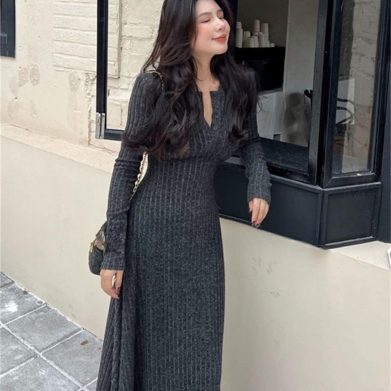 

Осень-зима, корейский стиль, темперамент, облегающие, с V-образным вырезом, трикотажные платья для женщин, однотонные, универсальные, модные, повседневные, простые, Y2k M серый