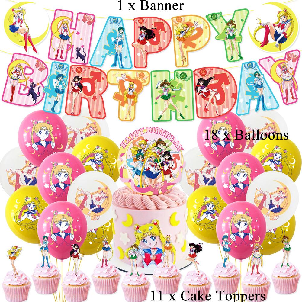 Decorações de festa de aniversário com tema Sailor Moon com banner, balão e topo de bolo