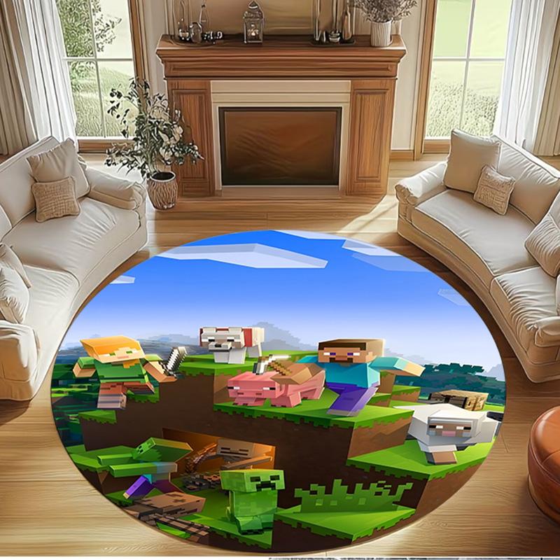 Minecraft Print Round Rug, Washable Floor Carpet, For Entryway Dorm Laundry Room Office Study, Home Decor Birthday Christmas Gift