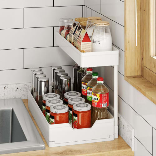 TATIU Under-Sink Storage, Sliding, 2-Tier Kitchen Storage, Under-Bathroom Storage, L-Shaped Drawer, Sliding Rack, Kitchen, Bathroom, Storage Rack, Con