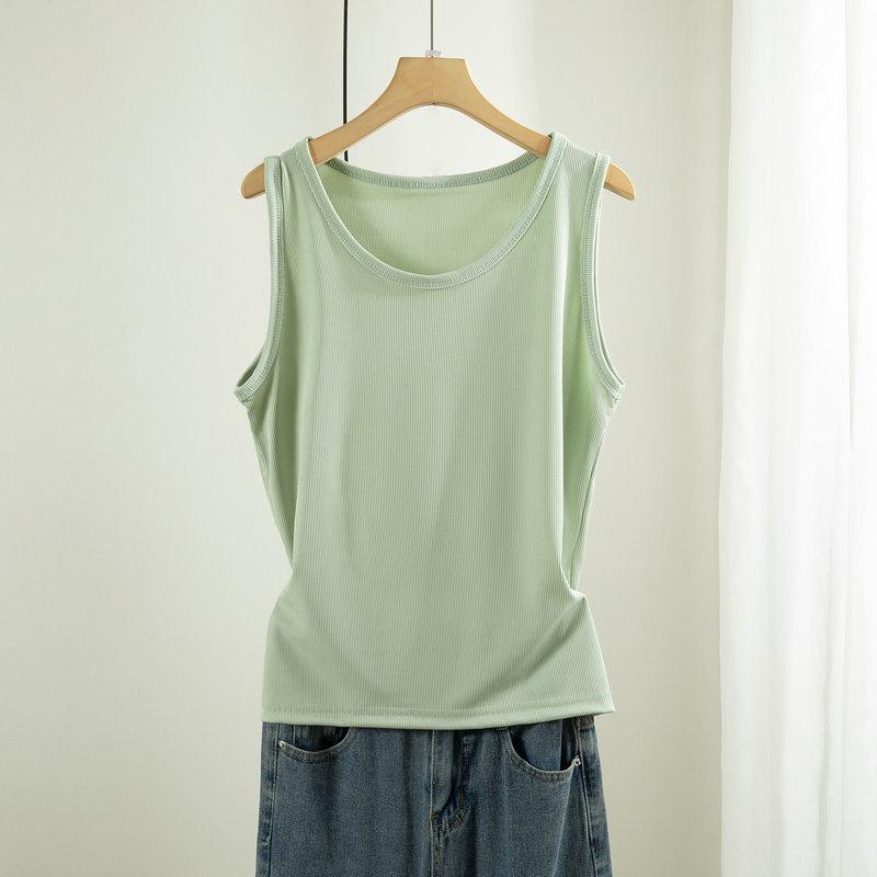 Women's Plus Size Ice Silk Ribbed Sleeveless Tank Top with Wide Shoulders, Round Neck, Ideal for Summer Outerwear or Innerwear.