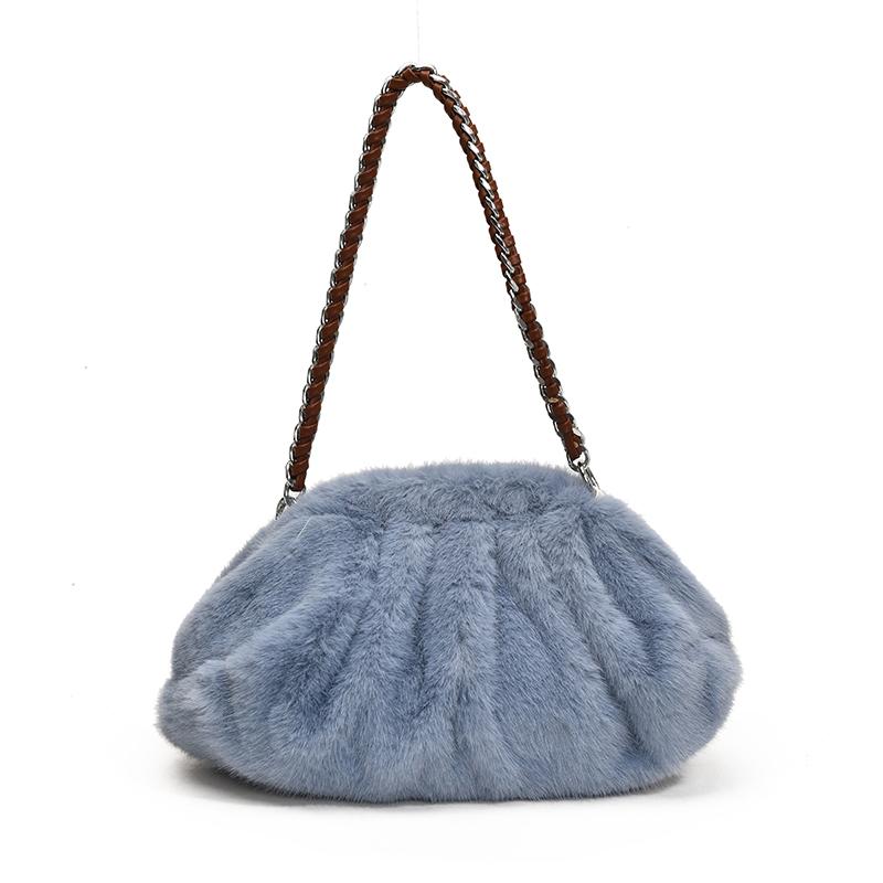 Pleated Design Faux Fur Shoulder Bags For Women Luxury Designer Purses And Handbags Winter Warm Soft Plush Hobo Bags