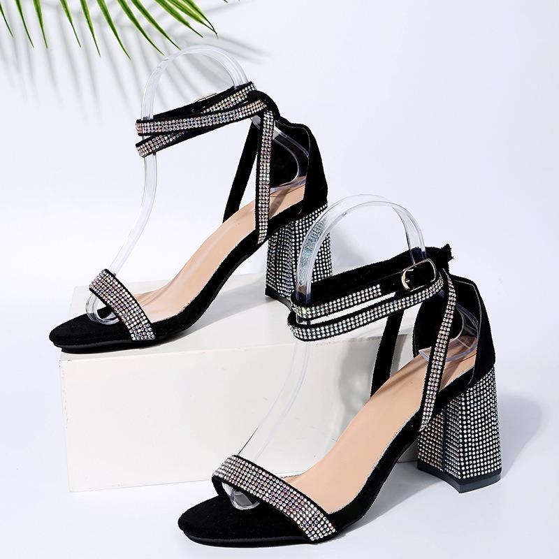 Cross-border Large Size High Heel Rhinestone Sandals Women's Summer European and American Foot Ring Buckle Strap Peep Toe Block Heel Sandals