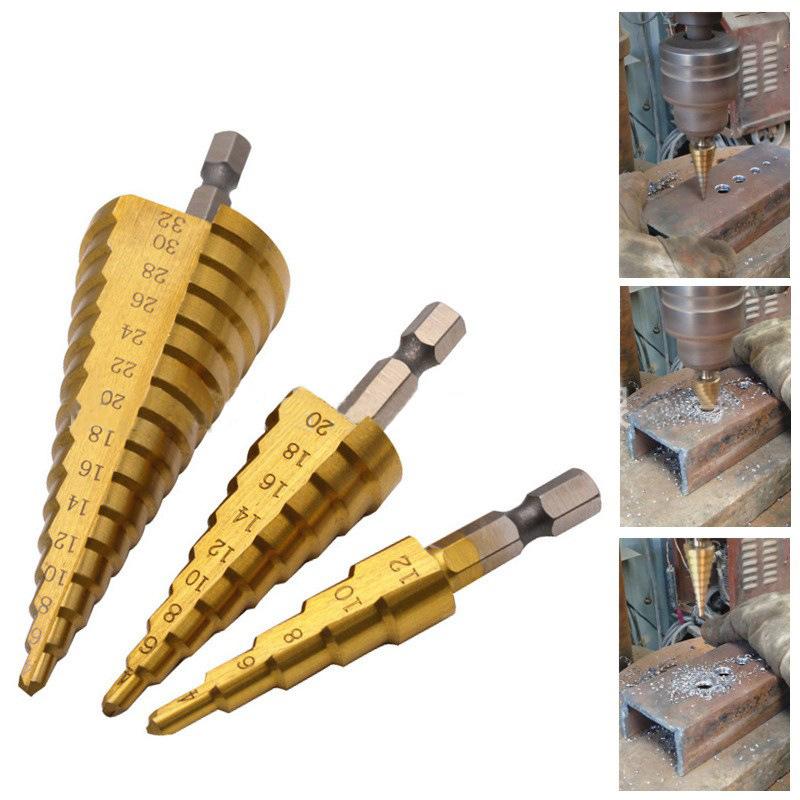3Pcs/set Hexagonal shank straight groove step drill, titanium-plated pagoda drill, reaming step drill 4-12 4-20 4-32 cloth bag
