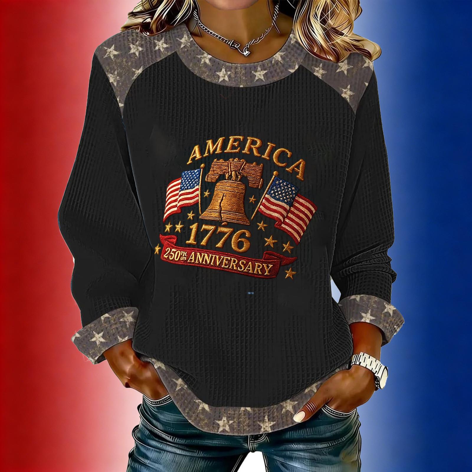 Women s long-sleeved fashionable casual everyday Independence Day printed top L чёрный