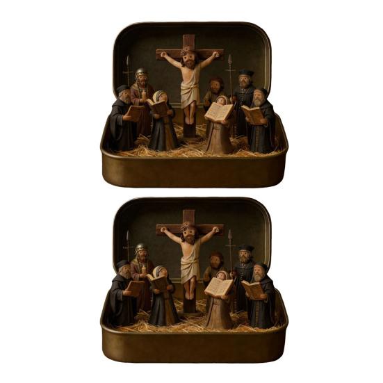 1/2 Stück Jesus Kreuzigungsszene Set in Blechdose Handgefertigt Taschenformat Miniatur Jesus Auferstehung Blech Harz Ornament Religiöse Dekoration