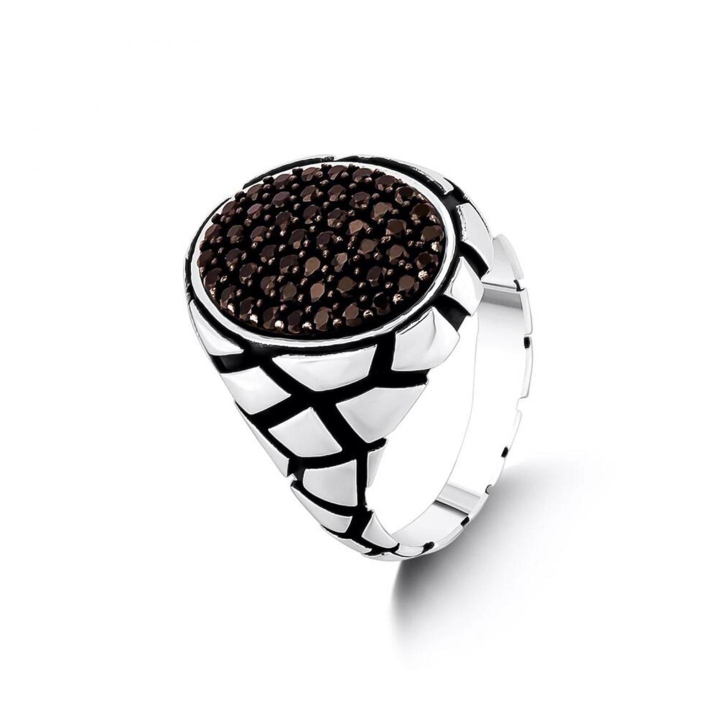 

925 Sterling Silver Piece Pattern Black Mini Stone Oval Men s Ring