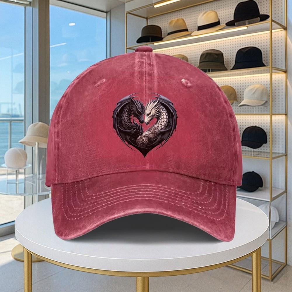 Dragon Heart Print Baseball Cap Washed Denim Retro Adjustable Buckle Loose, Comfortable And Adjustable