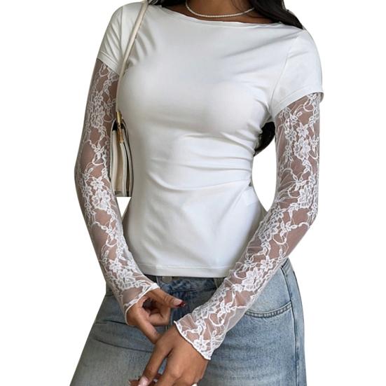 

Жіночі топи з круглим вирізом, довгим рукавом, з мереживною вставкою на рукаві, пуловери, однотонні, м які, еластичні, звичайного крою, базові топи, для повсякденного носіння XL білий