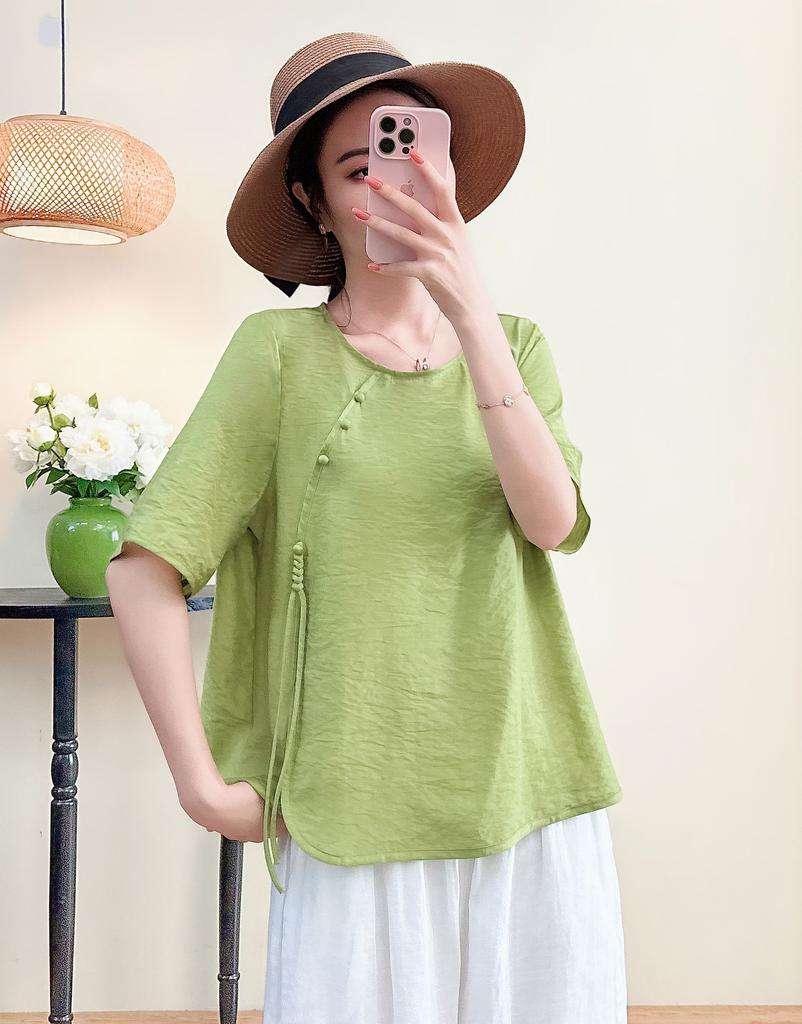Women's Round Neck Three Quarter Sleeve Tencel Linen Loose Fit Chinese Frog Button Casual Blouse