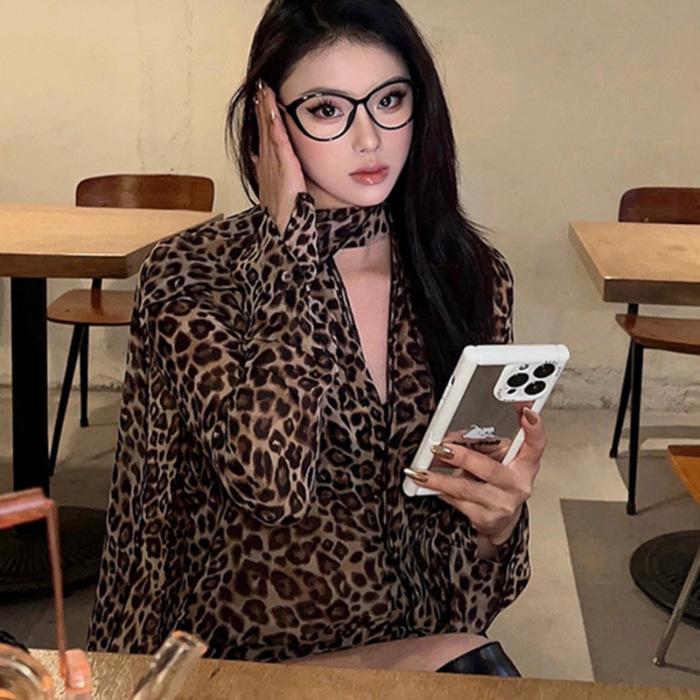 Summer sunscreen shirt leopard print v-neck long-sleeved chiffon shirt women s pure desire medium and long waist shirt top S