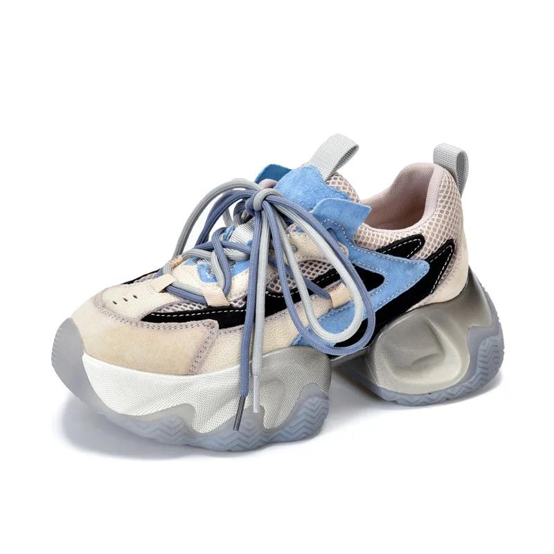 

Fujin 5,5 см, удобные весенние ботильоны на плоской подошве, ботинки на воздушной сетке из натуральной кожи свиной кожи, женские осенне-летние массивные кроссовки 40 синий