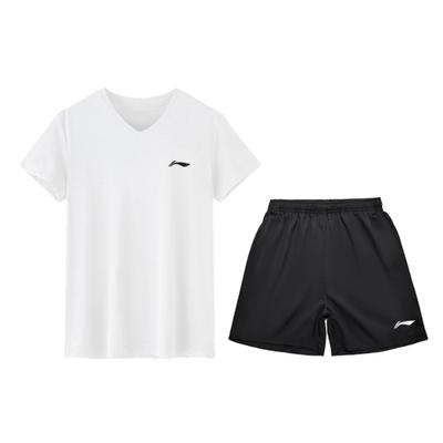 Li Ning Tafeltennis Serie Effen Kleur V-Hals Ademend Korte Mouw T-Shirt Mid Waist Shorts Casual Sport Set Unisex sets AATV055-2