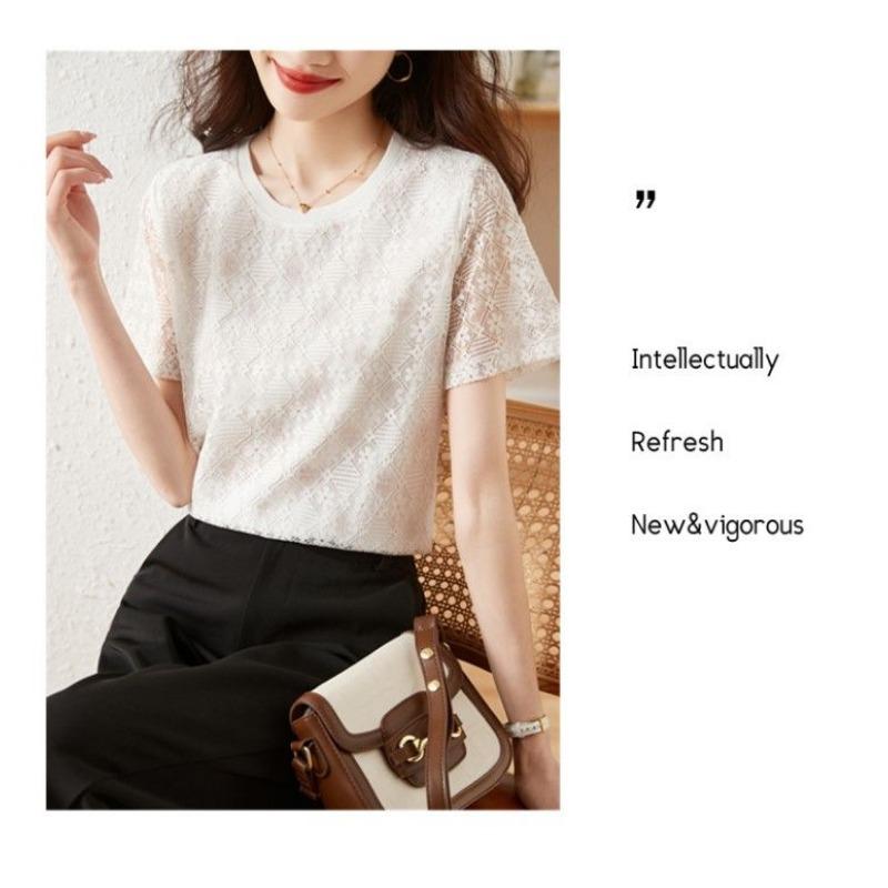 Lace Short-sleeved T-shirt Women's New Design Niche Loose Slim Chiffon Shirt White Top