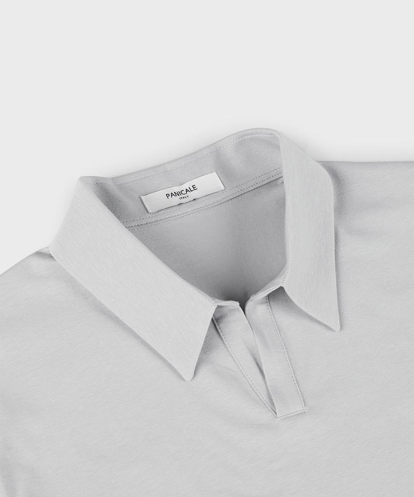 PANICALE Grey Johnny Collar Cotton Linen Polo Shirt