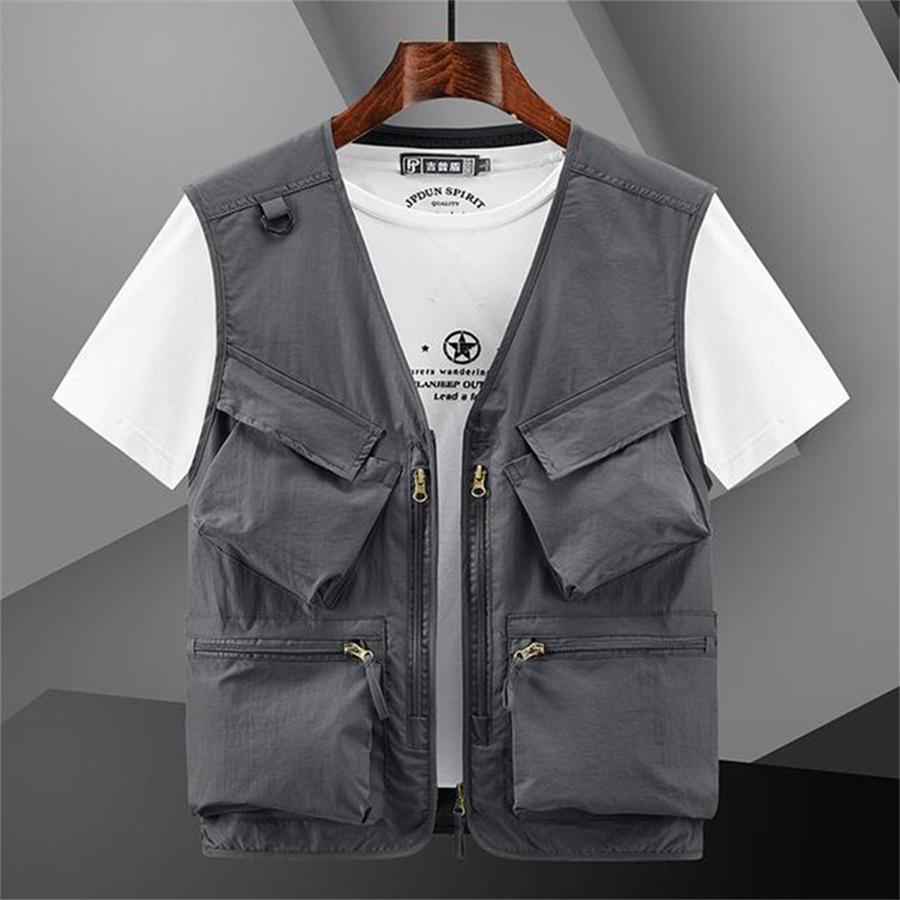 

2024 Новый мужской жилет с несколькими карманами, повседневная рабочая одежда, куртка без рукавов с V-образным вырезом, мужской жилет для фотосъемки, походов, рыбалки, грузовых инструментов L (60-70kg) серый