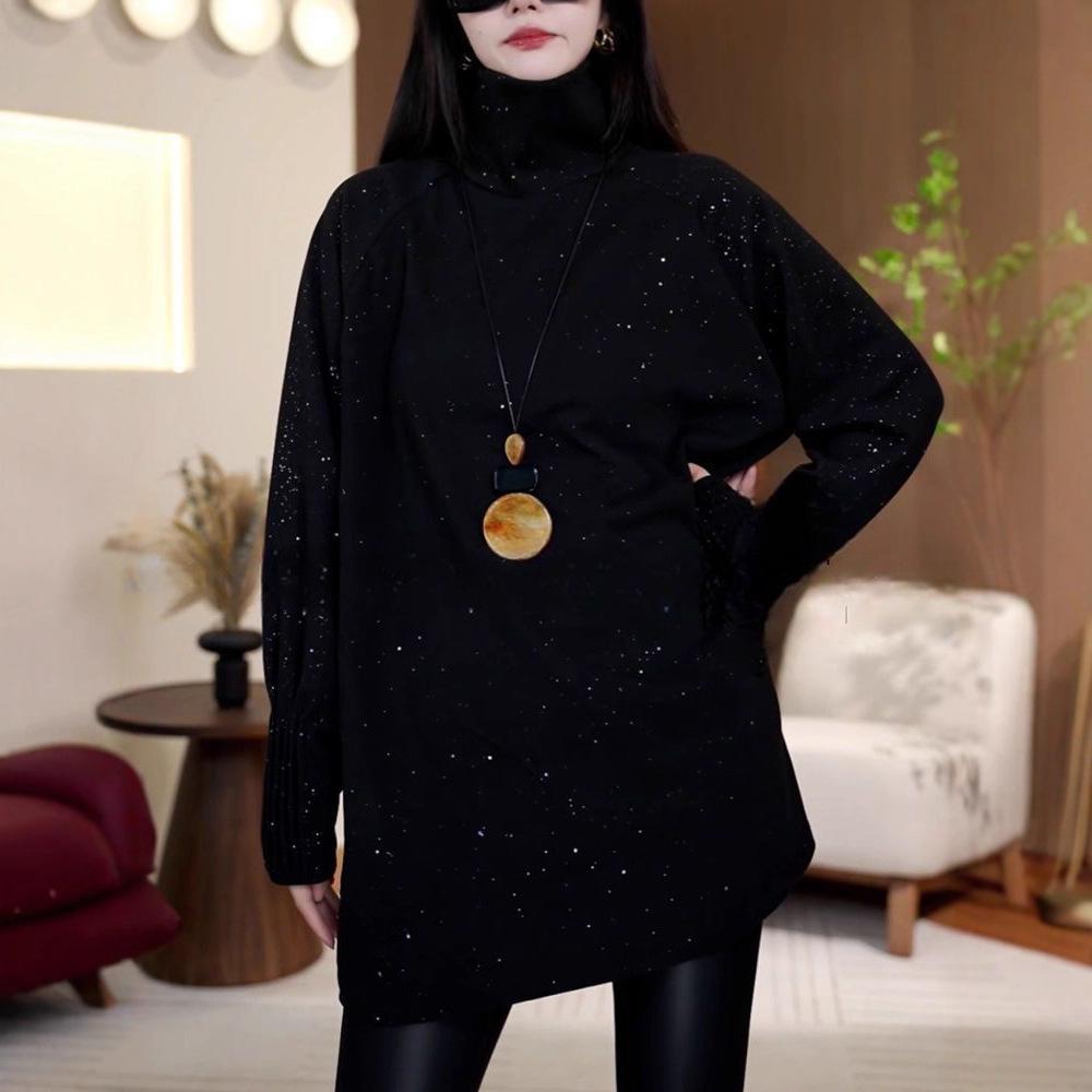Plus Size Sequined High Neck Ruffle Long Sleeve Thickened Warm Mid-Length Top for Women 