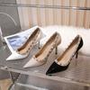Spring and summer new rivet pointed high heels women's thin heel leather black patent leather OL nightclub super high heel single shoes