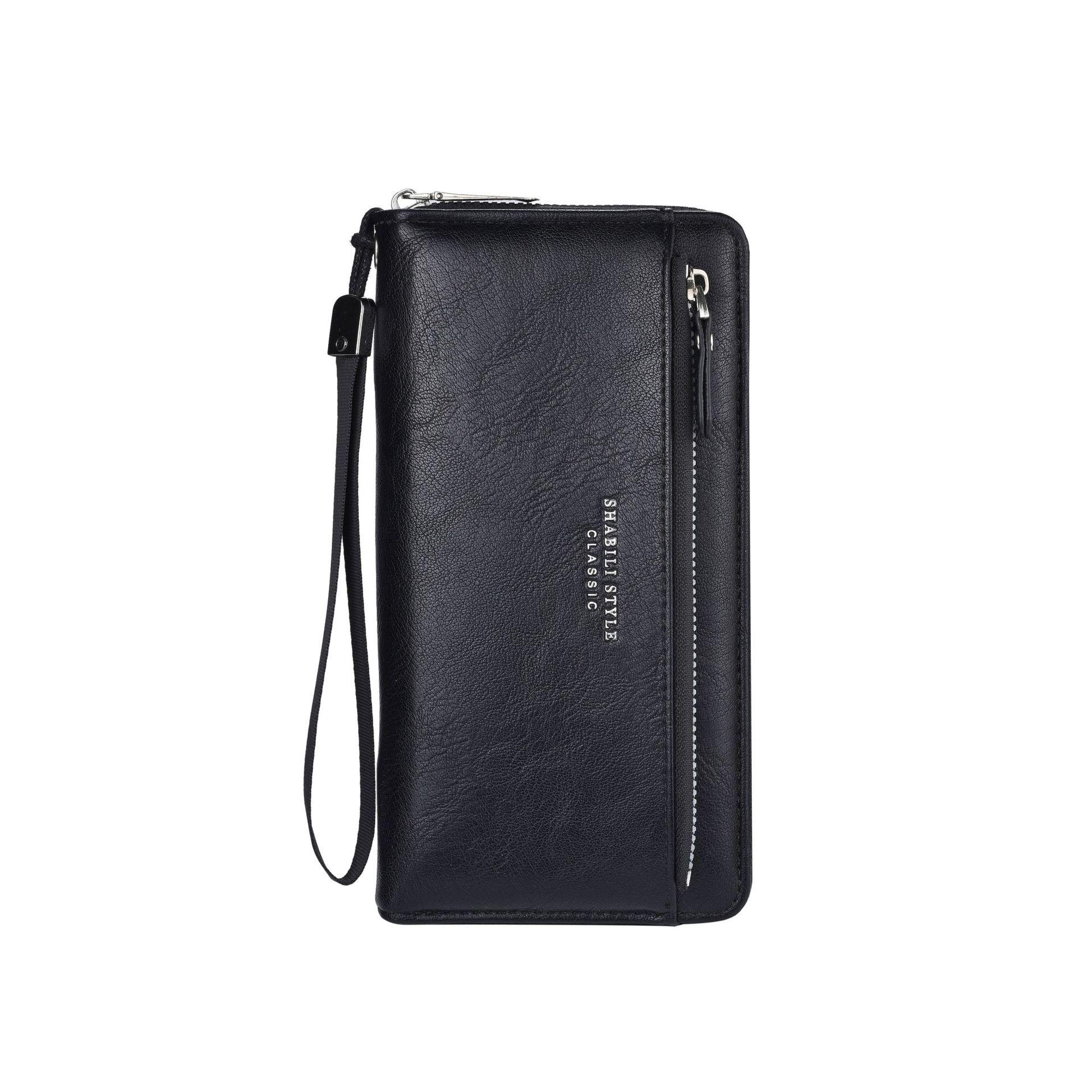 

Мужской длинный кошелек из мягкой кожи с отделением для карт и молнией чёрный