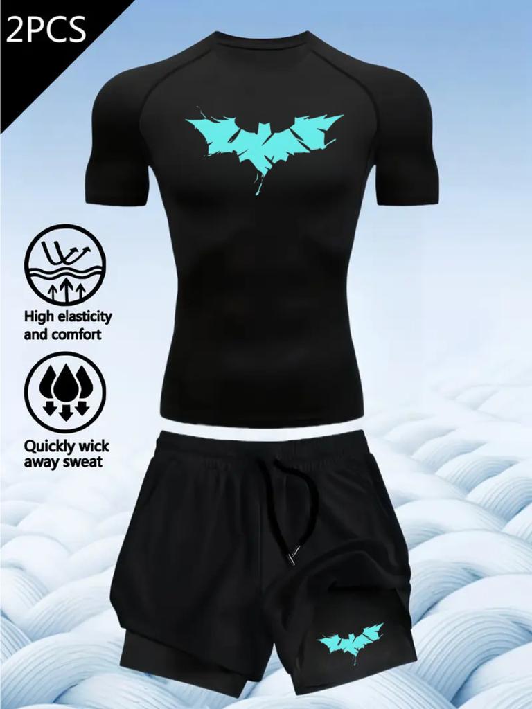 2D printed T-shirt men's summer two-piece sportswear running T-shirt elastic quick-drying sports top sports fitness shirt men's