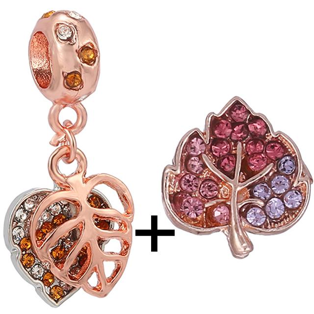 2pcs /Lot New Trend Crown Feather Zircon Hollow Leaves Beads Fit Original Brand Charms Silver Color Bracelets Women Diy Jewelry