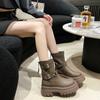 Retro Thick Bottom Short Boots For Women  New Style Belt Buckle Western Cowboy Boots Round Head Middle Tube Thick Heel Boots