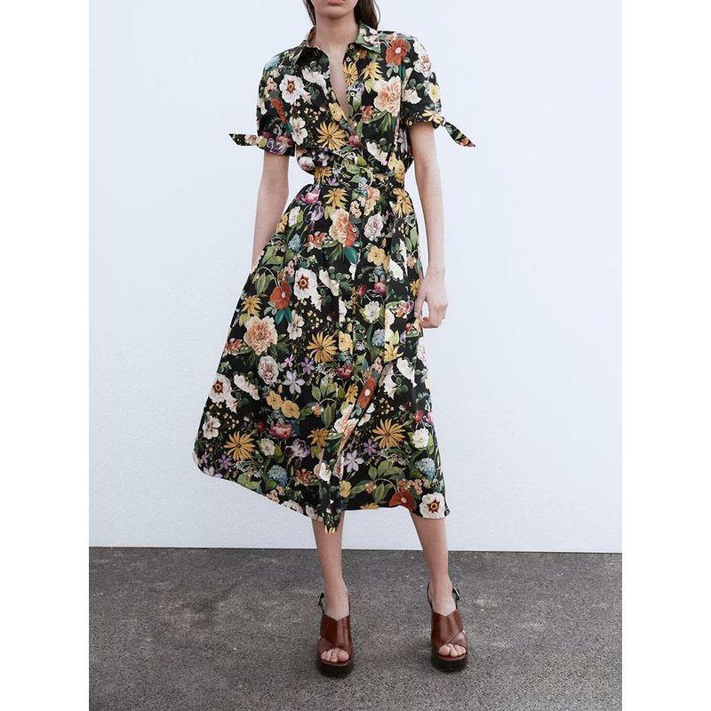 Za2025 Spring New Women's Clothing Temperament Waist-Controlled Flowers Print Poplin Midi Skirt Dress 2944 216