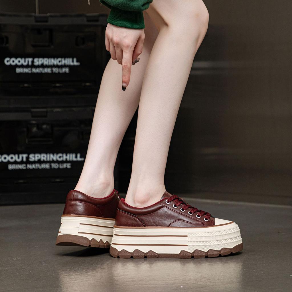 Leather Thick-soled Heightening Muffin Shoes for Women 2025 Autumn New Casual Board Shoes, Leather Versatile Fashion Casual Shoes for Women