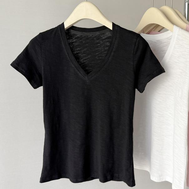 Summer cotton simple solid Women's t shirts korean v-neck Short-sleeve T-shirt casual slim Elastic pink y2k Tops women clothing