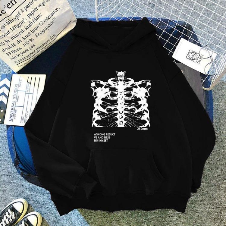Gothic Grunge Skeleton Print Women Oversized Hoodie Streetwear Long Sleeve Pocket Tops Black Casual Pullover