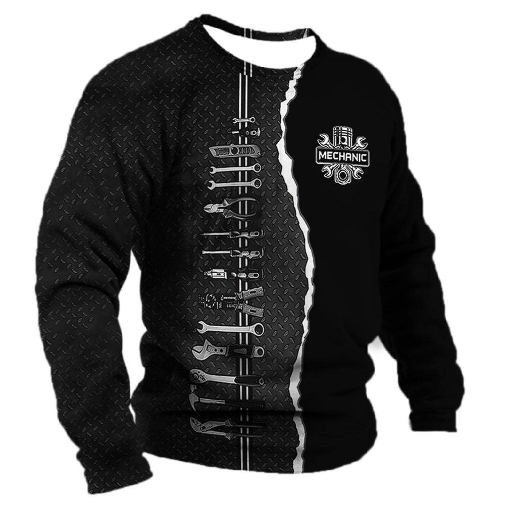 Men‘s Long Sleeve Mechanic Graphic 3d Print Top Autumn Vintage Casual Sports T-shirts