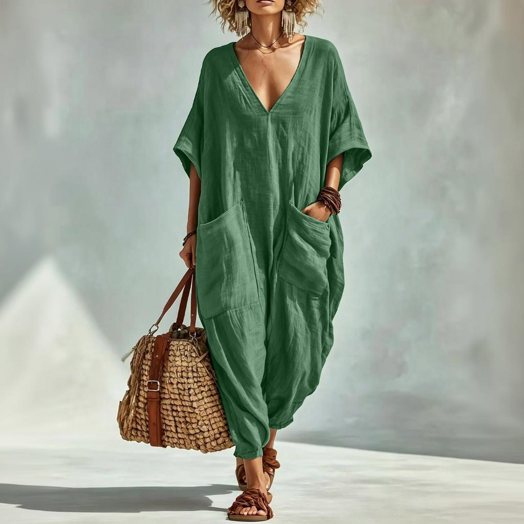 Women's Linen V Neck Jumpsuit with Pockets Wide Leg Romper