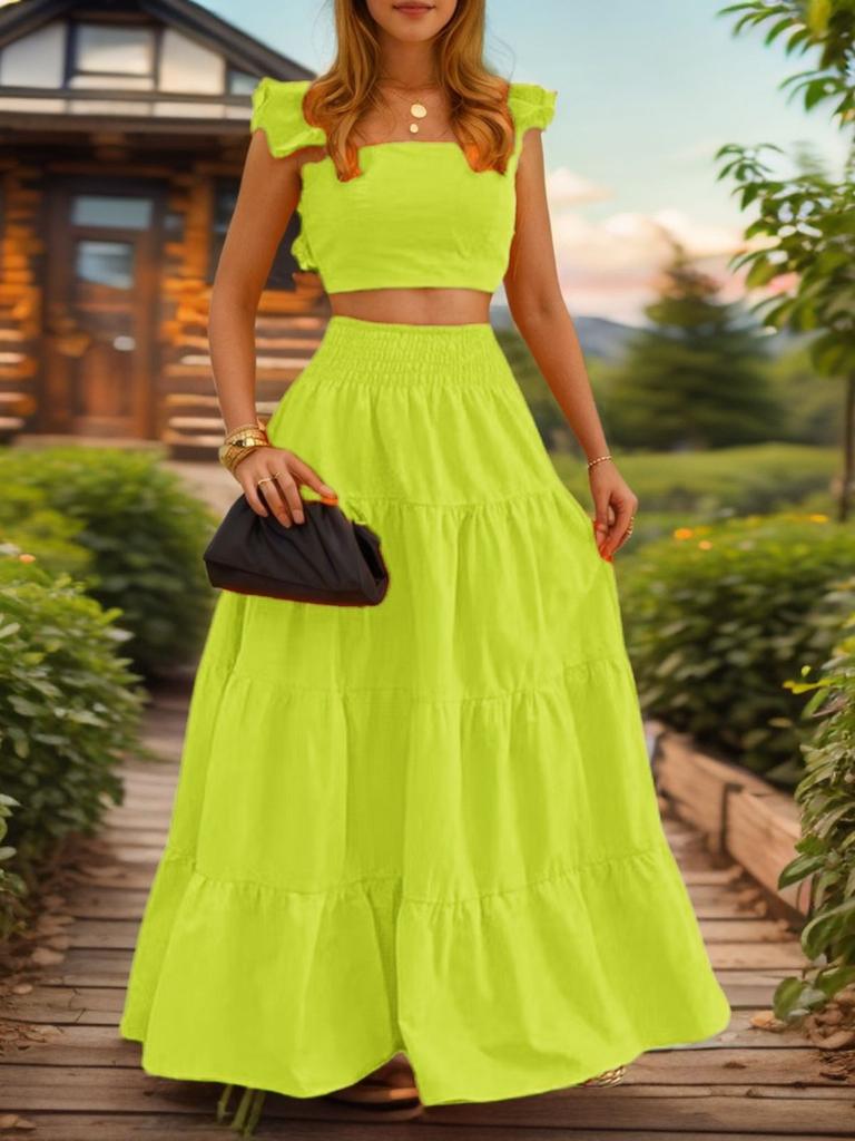 Letní nový sexy temperamentní jednobarevný maxi dvoudílný outfitový set šaty se špagetovými ramínky