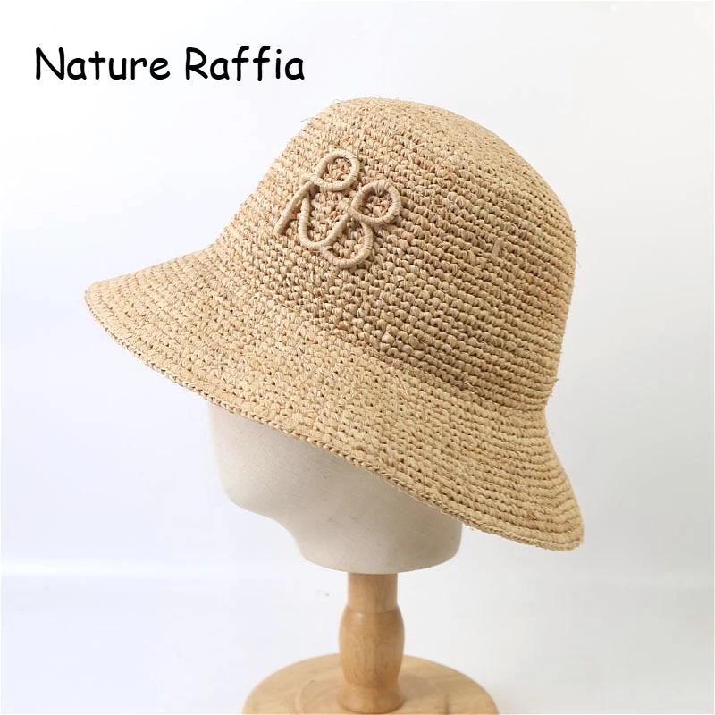 Yiran Dayang Hat Women's Handmade Diy Rb Fashion Design Raffia Straw Hat Summer Travel Beach Bucket Hat Korean Sun Protection Fisherman Hat 56-58Cm