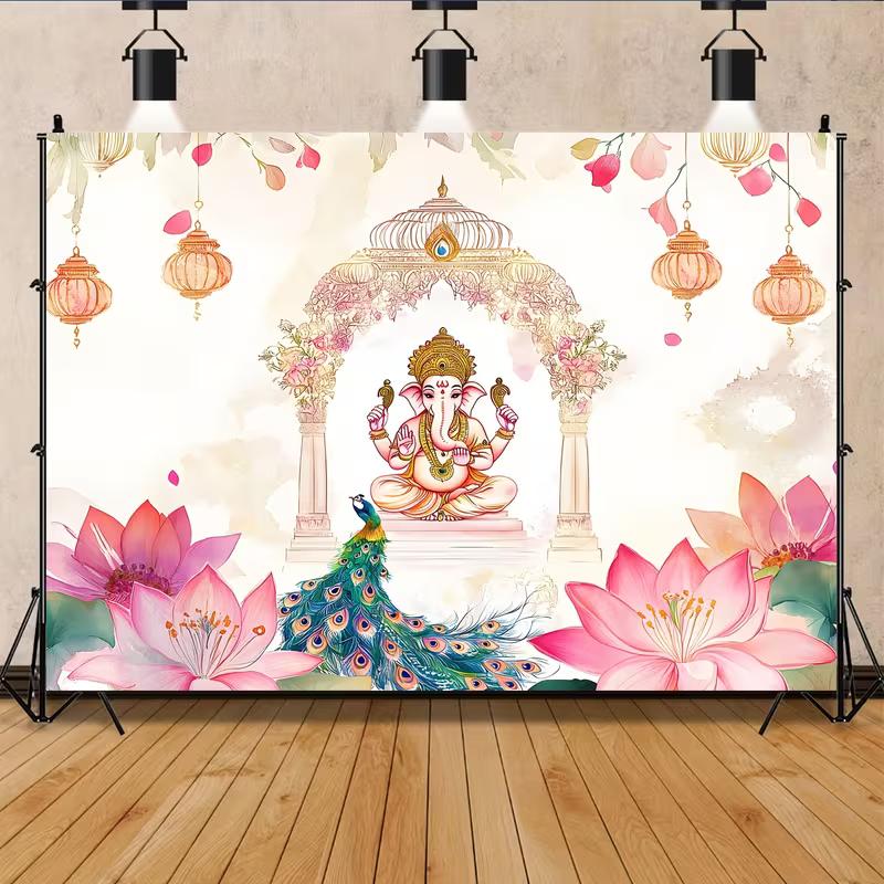 2D Watercolor Indian Ganesha Backdrop for Religious Ceremony Party Photo Booth