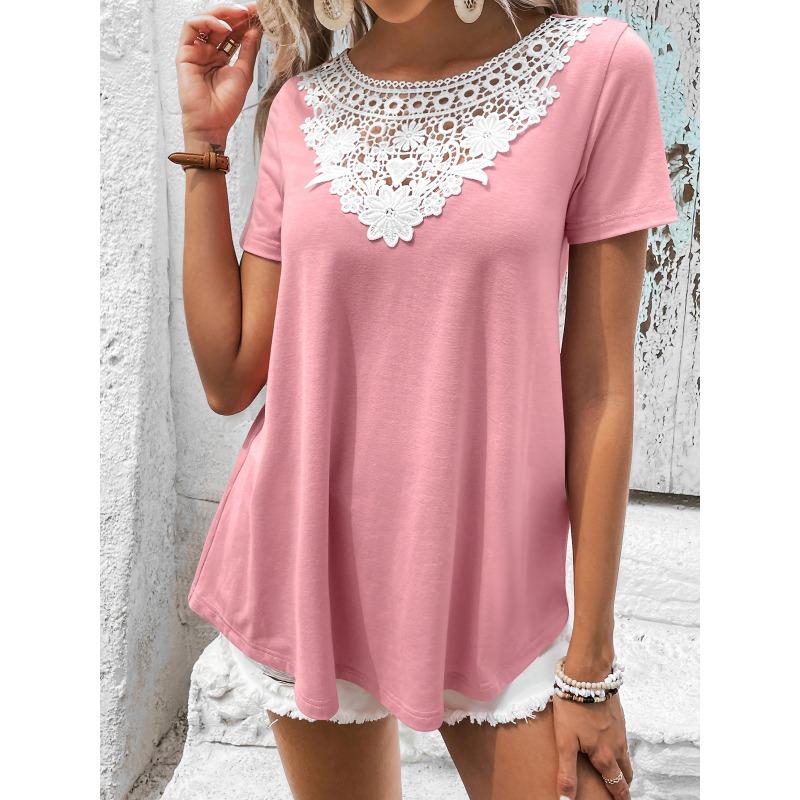 Women's Hollow Top Lace Patchwork Round Neck Collar Casual Loose Short Sleeve T-shirt