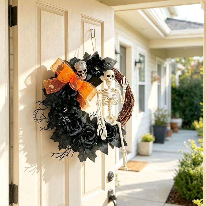 Bone-Themed Halloween Wreath Accent for Wall Presentation and Entryway Styling, Seasonal Piece for Party Scene, Entry Door, and Indoor Display