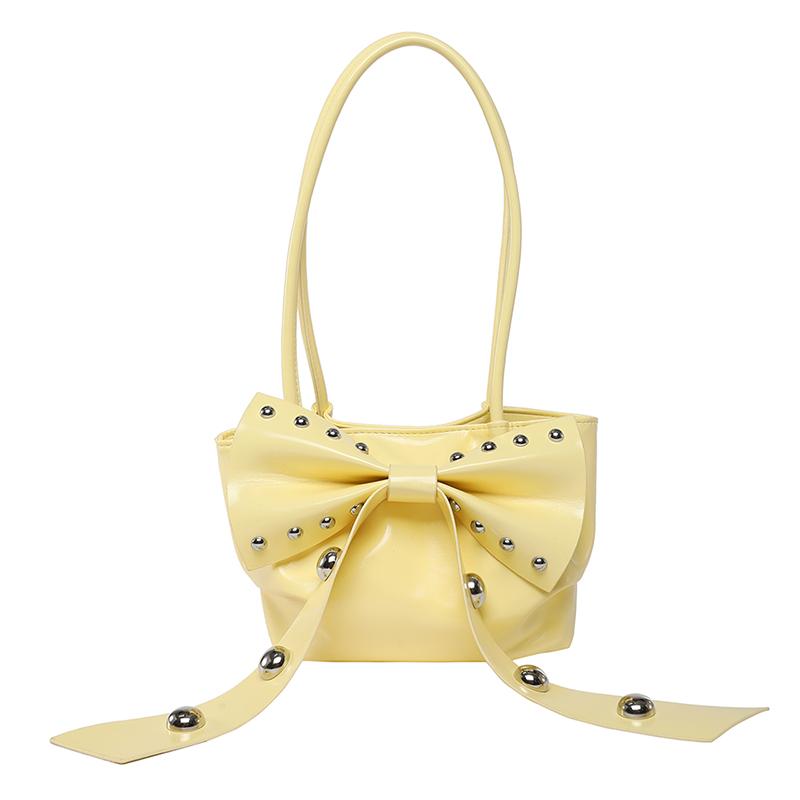 

2025 New Large Bow Glossy PU Square Shoulder Bags Solid Hasp Rivets Unique Design Exquisite Stylish Design Handbags for Women жовтий