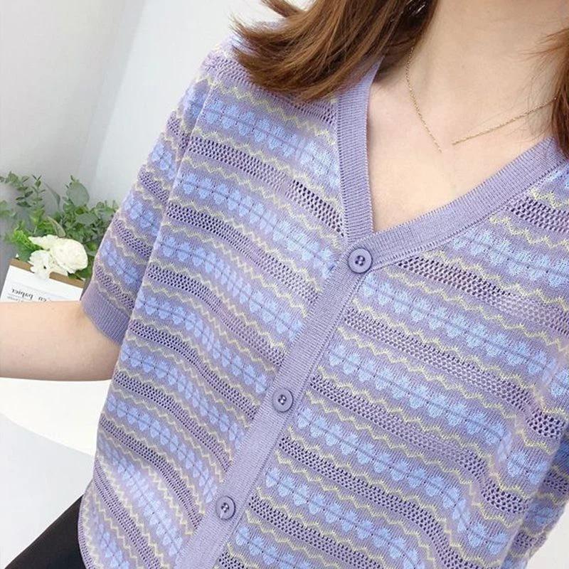

lavender round neck short sleeve jacquard knit top for women onesize фіолетовий