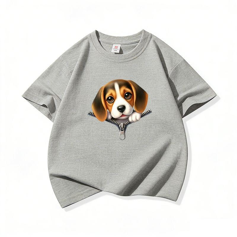 Kids Cotton T Shirt Cute Beagle Puppy Dog Zipper Print Crew Neck Short Sleeve Tee Casual Breathable Boys Girls Summer Tops