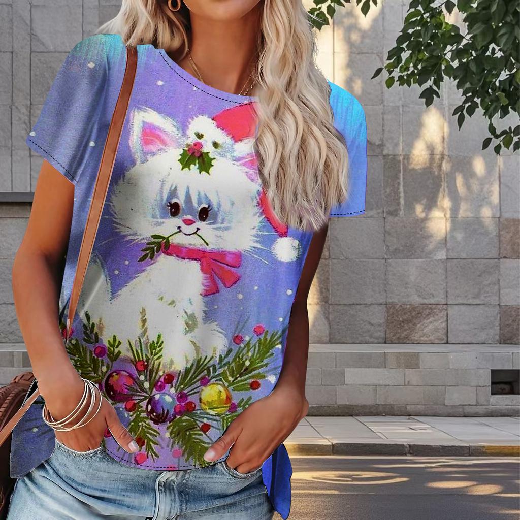 Damen T-Shirt mit Katzen-Print, Retro-Mode, kurzärmelig, lässig, bedruckt