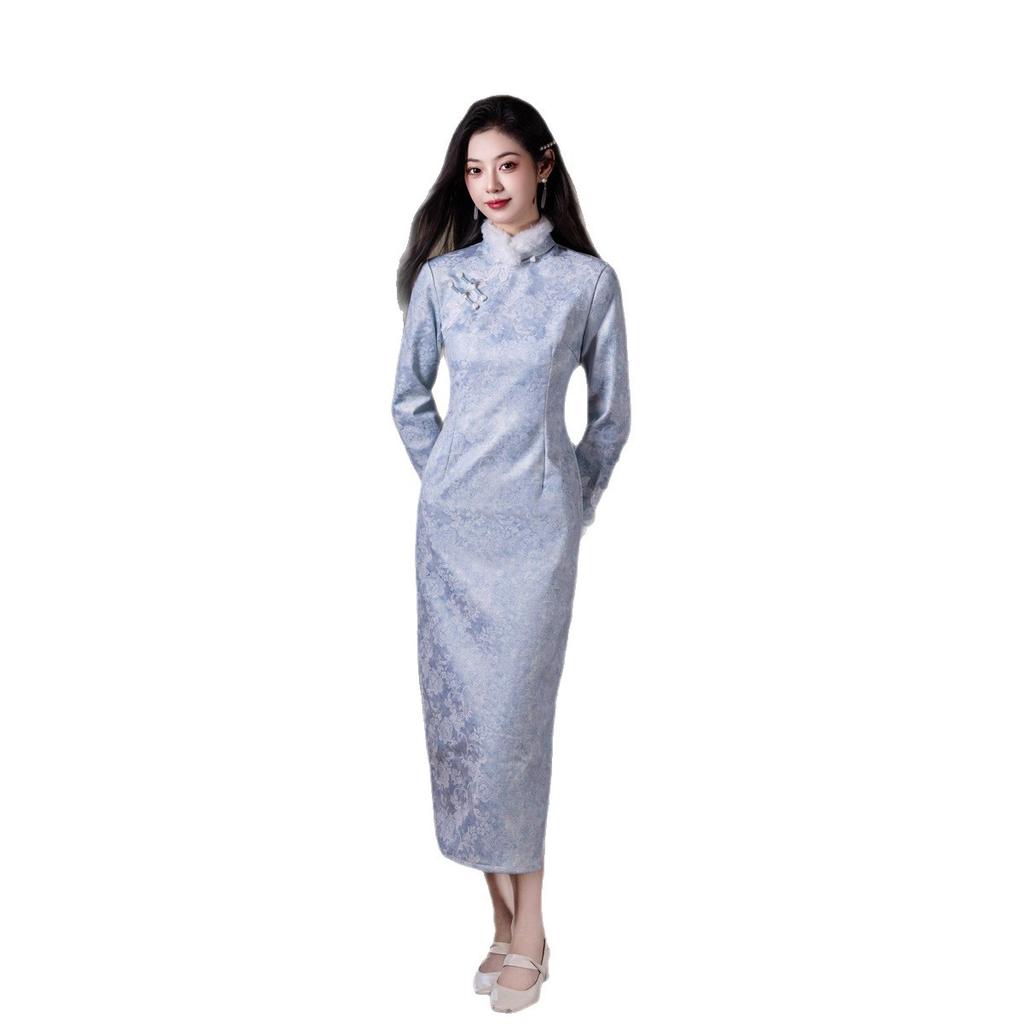 New cheongsam 1011 autumn and winter Chinese style elegant temperament long colorful silk jacquard slim dress daily