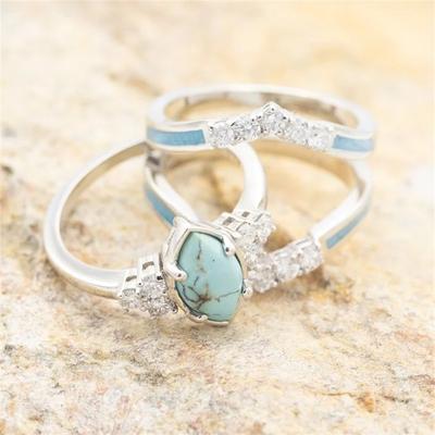3 Pieces/Set Women's Plated Multilayer Hollow Synthetic Turquoise Rings With Delicate Engagement Wedding Rings