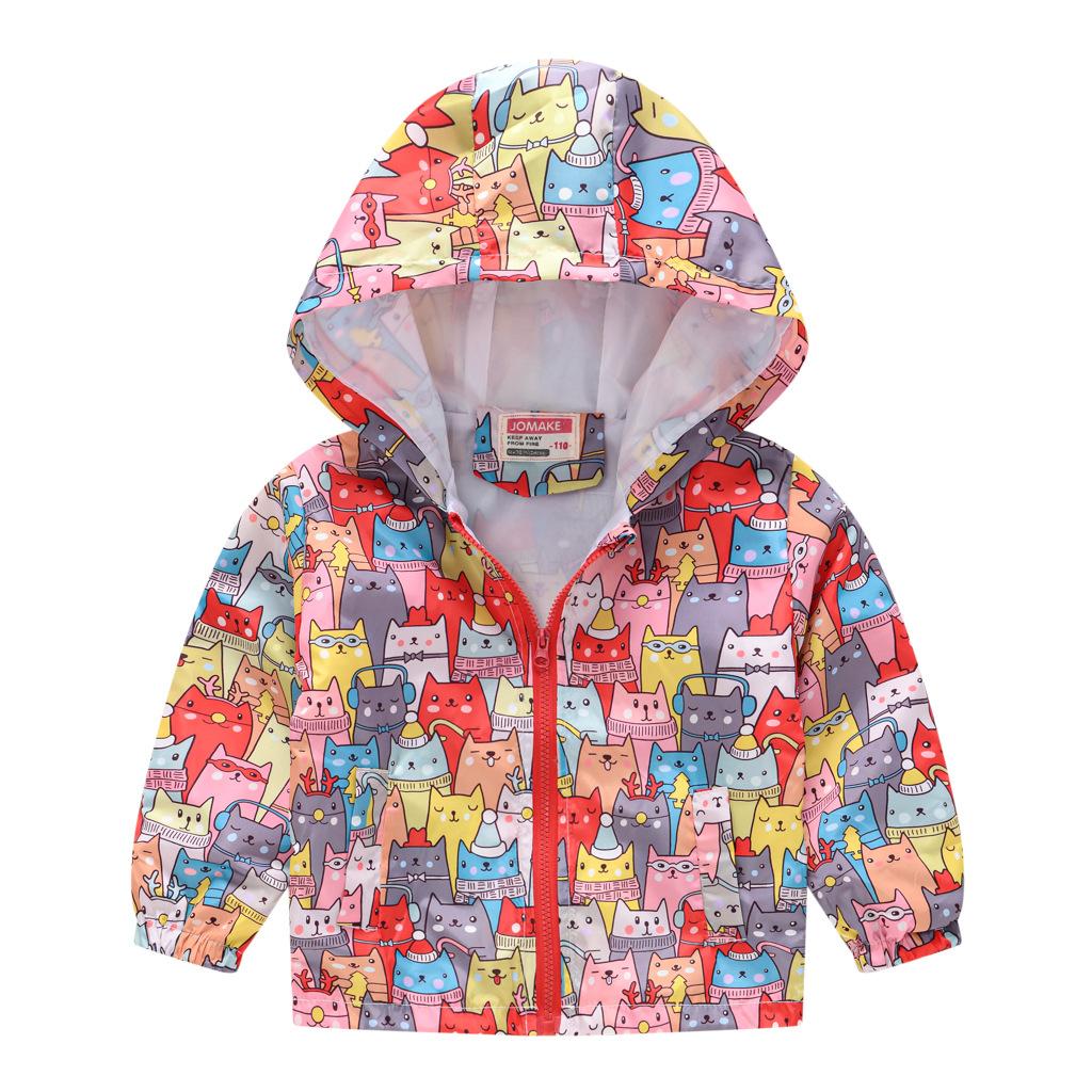 Toddler Kids Cartoon Print Hooded Jacket Boys Girls Lightweight Windproof Zip Up Casual Outerwear Coat