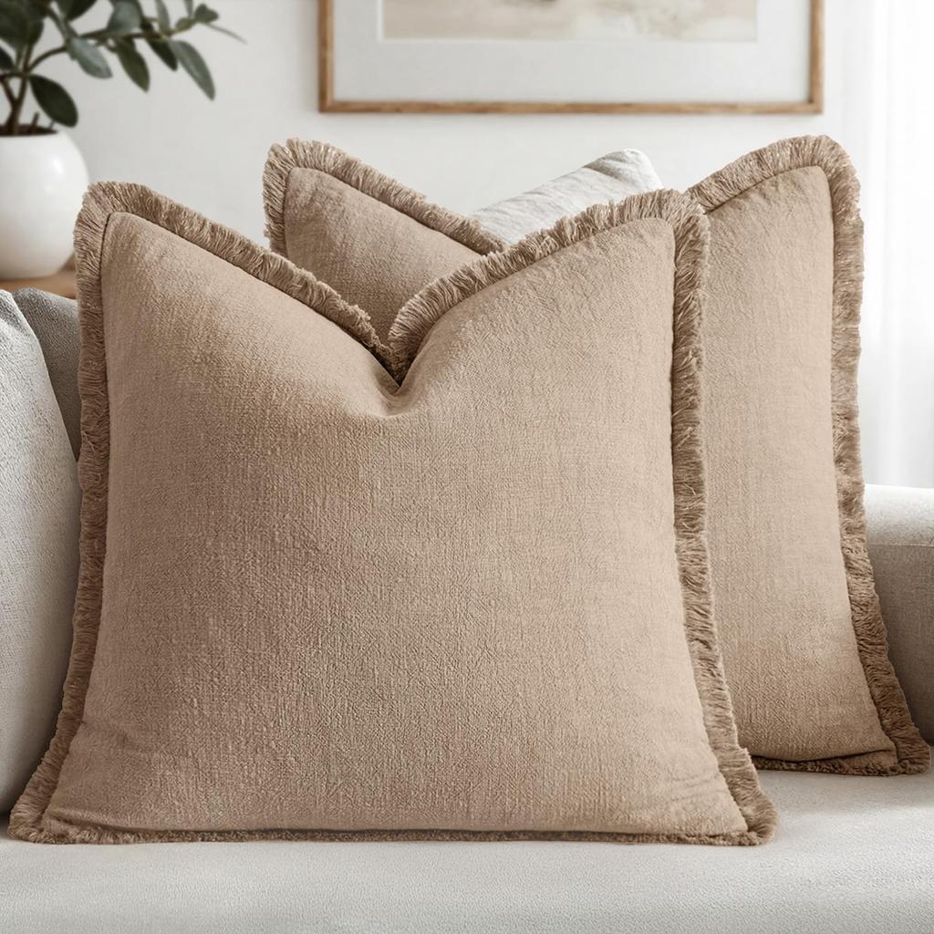 Decorative Linen Fringe Throw Pillow Cover Cozy Boho Cushion Cover with Tassels Soft Accent Pillowcase for Couch Chair Sofa Bed