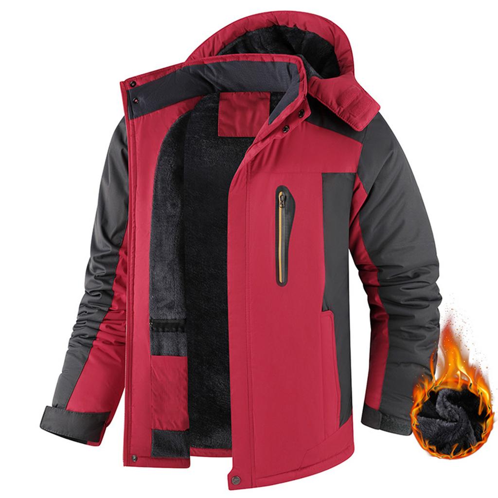 Unisex Colorblock Zipper Pocket Hooded Jacket Men's Casual Plush Jacket