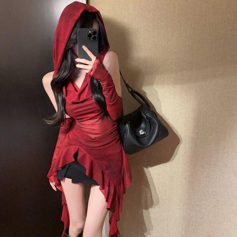 2KWEIRD Streetwear 90s Grunge Mesh See Through Hooded Tops Cyber Y2K Irregular Hem Ruffles Hoodie Women Slim Blouse with Cuffs