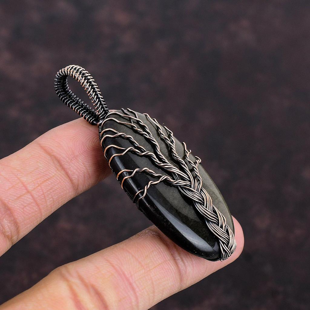 Přívěsek Strom života Obsidián stříbrný lesk Měděný drátem obmotaný přívěsek Šperky Strom života Drahokam Měděné šperky Dárek Ručně vyrobený přívěsek