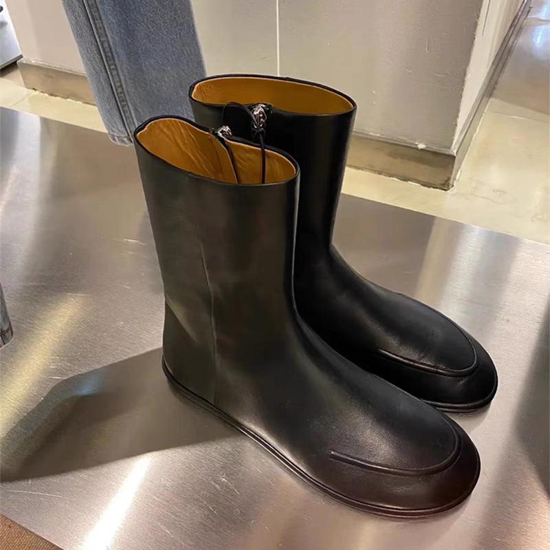 Echtes Leder Damen Stiefeletten Seitlicher Reißverschluss Vintage Britisch Flacher Absatz Schmale Passform Kurze Stiefel Herbst Winter Tägliche Streetwear